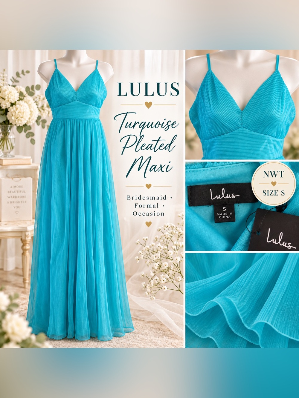 Lulus NWT Turquoise Pleated Maxi Dress Small Bridesmaid Formal Gown